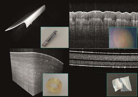 Abbildung mehrerer OCT-Bilder. Oben links: 3D-Messung einer steilen Flanke (Turbinenschaufel) zur Demonstration der hohen Sensitivität. Oben rechts: OCT-Schnittbild einer Fingerkuppe. Unten links: 3D-Messung einer Rolle mit transparentem Klebeband. Unten rechts: OCT-Schnittbild einer ca. 300 µm dicken Mehrfachfolie 