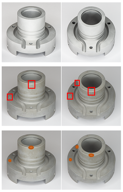 Beispiel einer bildbasierten Anomaliedetektion für einen Kühlkörper aus Aluminium, Sollzustand (oben) und reales Objekt mit Defekten (mittig), detektierte Anomalien (unten)