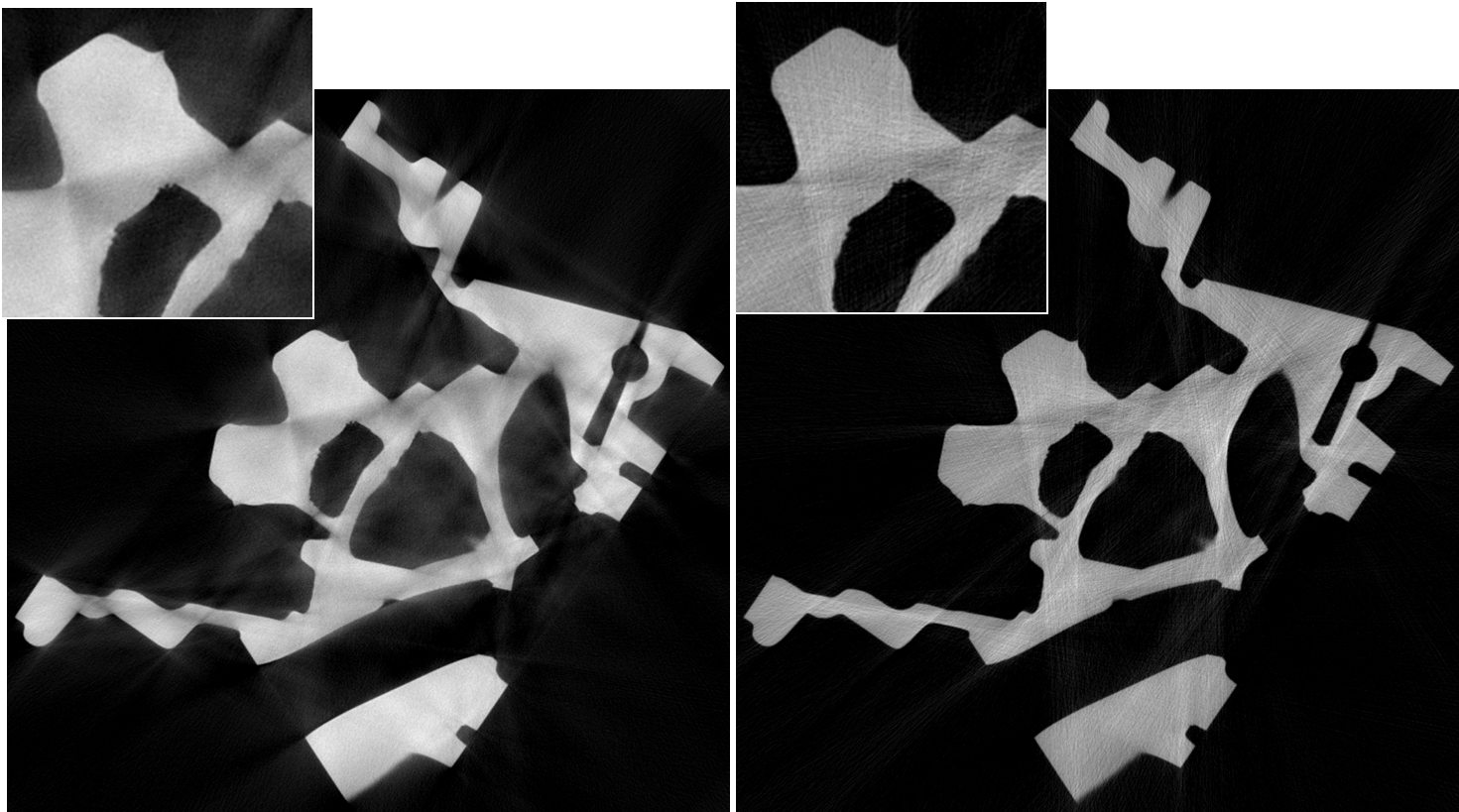 Röntgenbild eines Zylinderkopfs - korrigiert und unkorrigiert