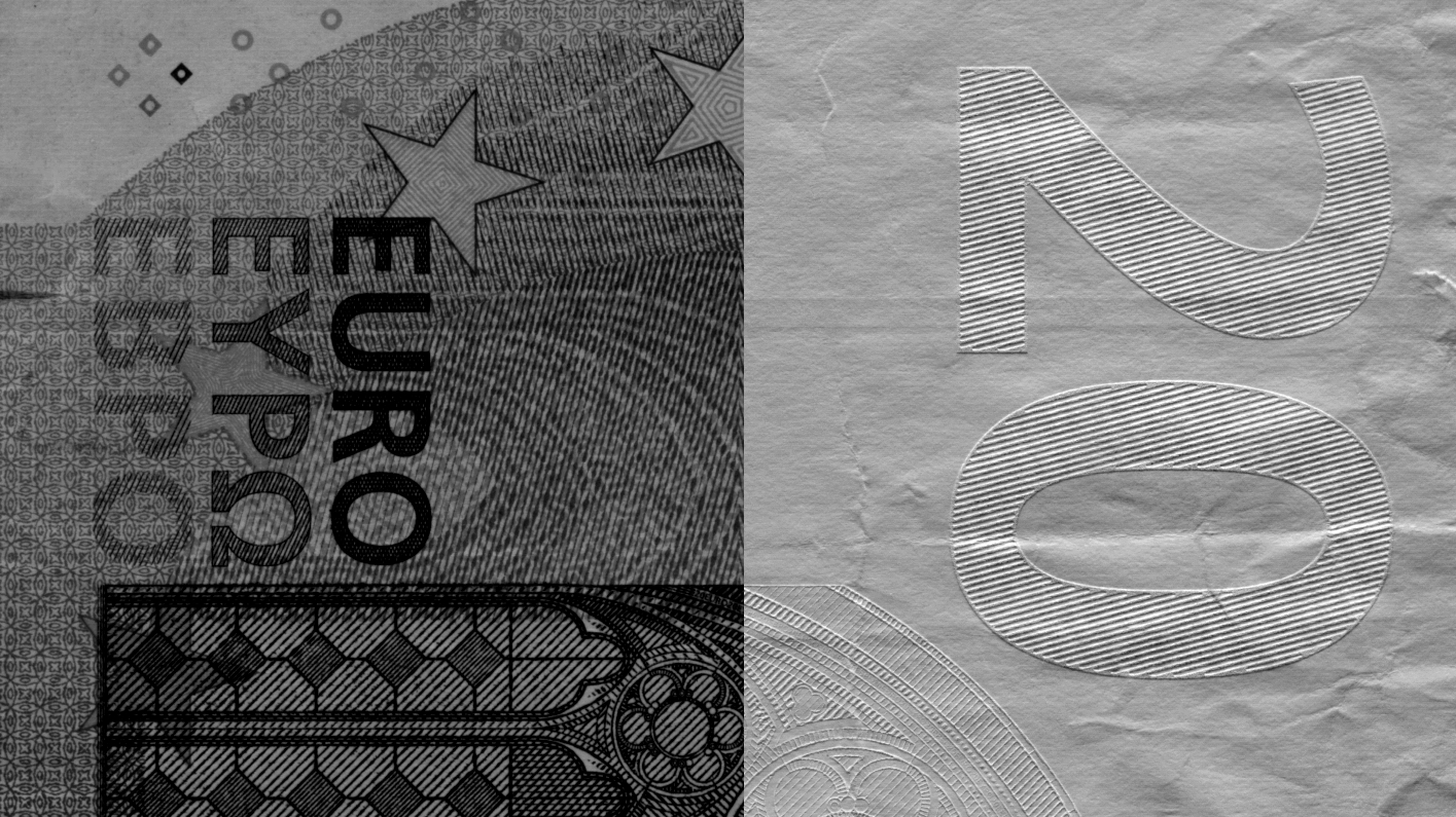 Gradientenbild einer Banknote mit deutlich erkennbarer Tiefdruckstruktur und Knitterfalten