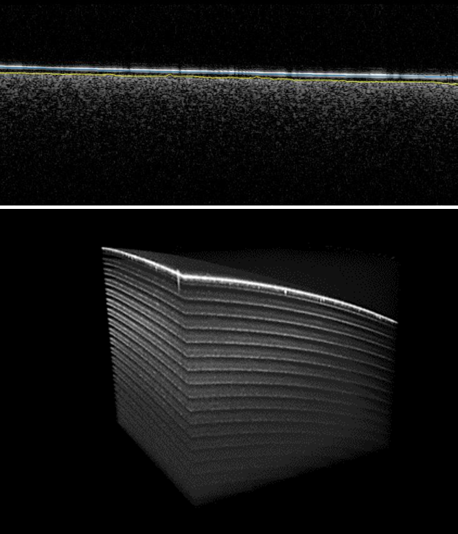 OCT-Querschnittbilder. Oben: Eine ca. 20 µm Schicht auf einer Papieroberfläche in der 2D-Ansicht. Unten: 3D-Aufnahme eines Klebebands 